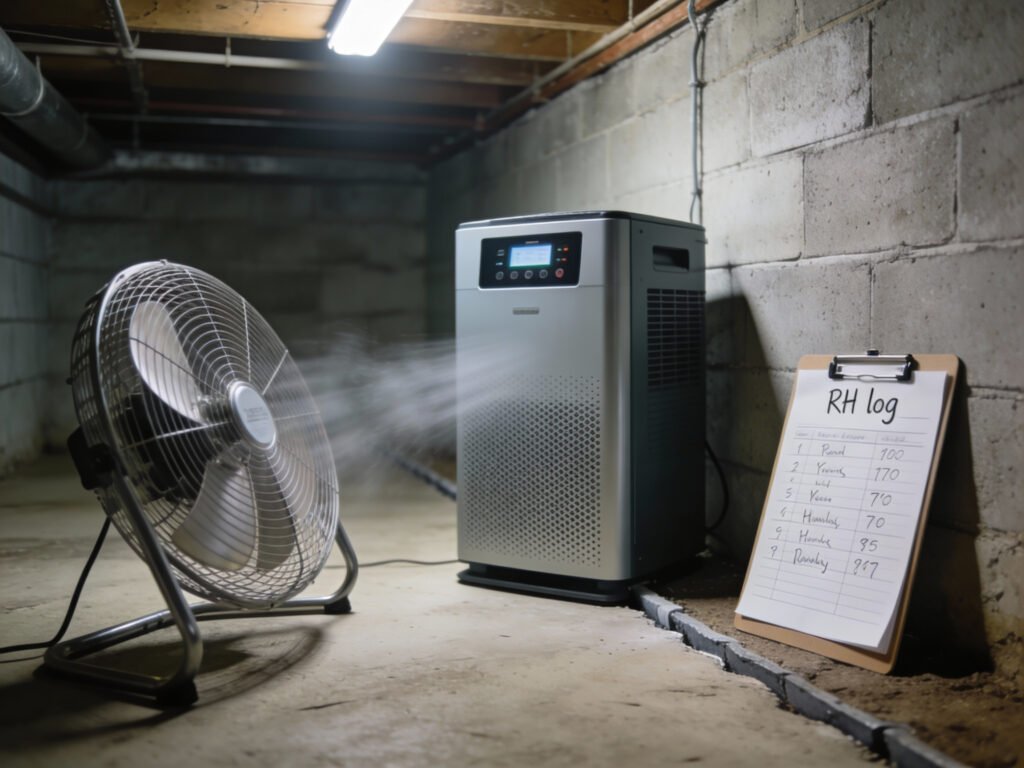 A fan moving air along a basement perimeter with a dehumidifier running nearby