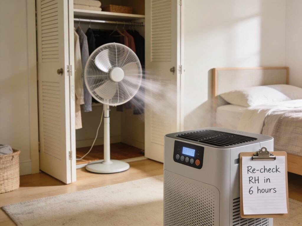 A fan aimed across an open closet doorway with a dehumidifier running in the bedroom
