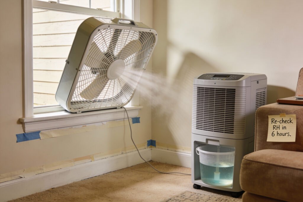 Box fans and a dehumidifier set up to dry a damp area near a baseboard