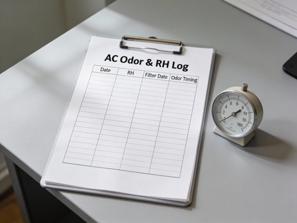 A simple checklist showing RH readings and AC odor notes for weekly tracking.