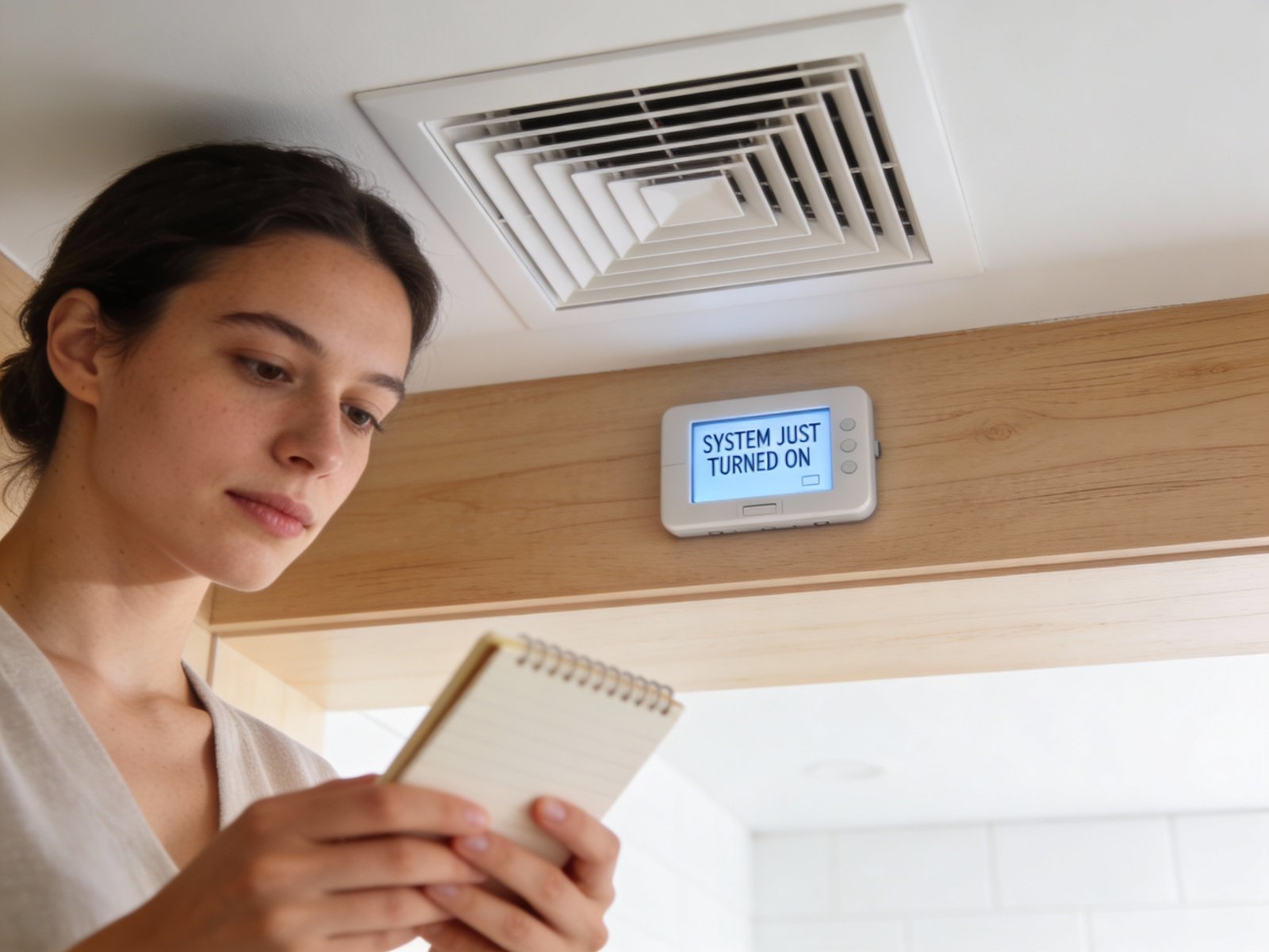 A homeowner sniffing near a supply vent as the air conditioner starts running.