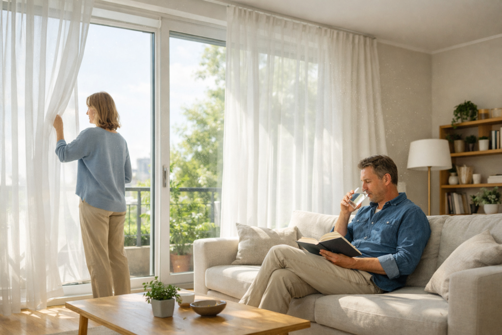 Sunlit living room with sheer curtains gently moving as a couple lets fresh air in through large windows