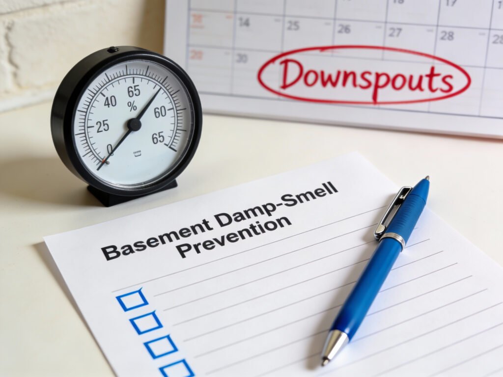 A printed checklist for weekly RH checks and monthly gutter/downspout inspection