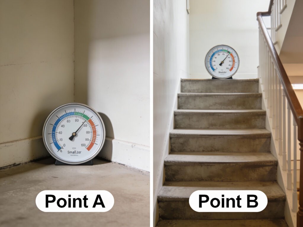 Two humidity readings taken in a basement smell zone and at the top of the basement stairs