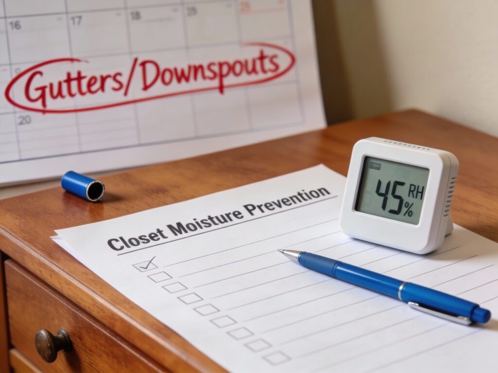 A printed weekly and monthly closet moisture checklist next to a hygrometer and pen