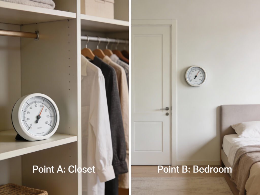 Two humidity readings being taken, one inside the closet and one in the bedroom at the same height