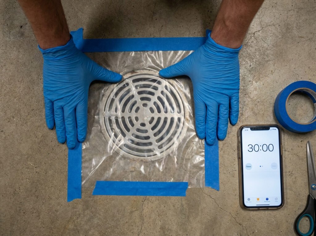 Hands sealing a floor drain with plastic wrap and tape for an odor source test