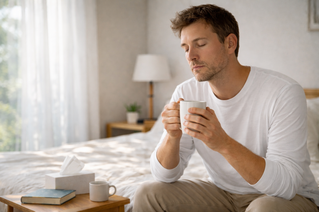 Person resting on a sofa in soft daylight, gently rubbing their temple as if feeling tired or uncomfortable indoors