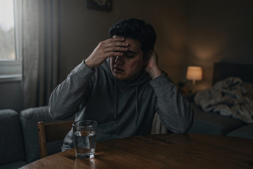 A home interior scene showing everyday health discomforts such as fatigue and poor sleep linked to indoor environmental conditions rather than illness.
