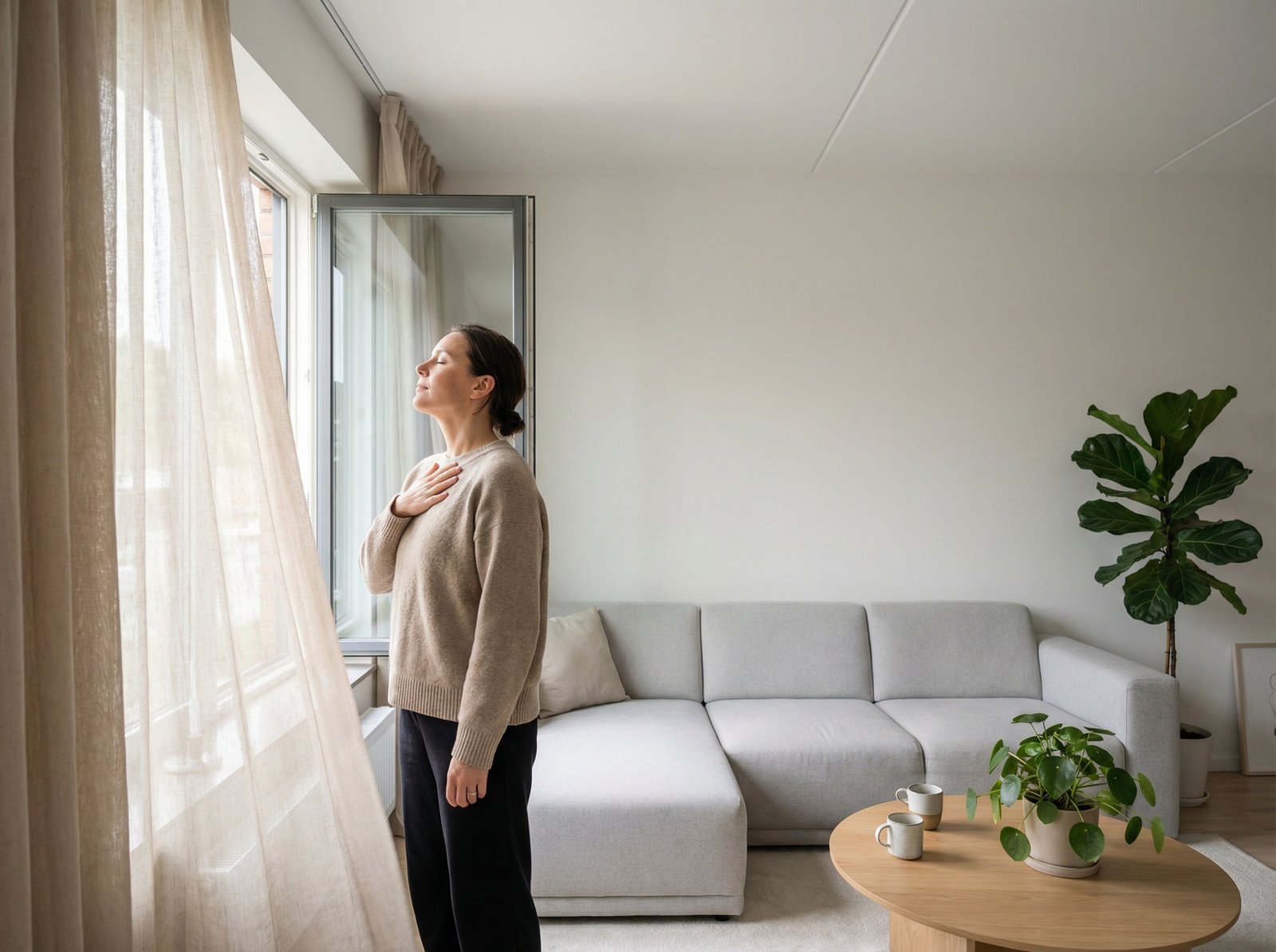Person standing near an open window in a bright living room, taking a slow breath