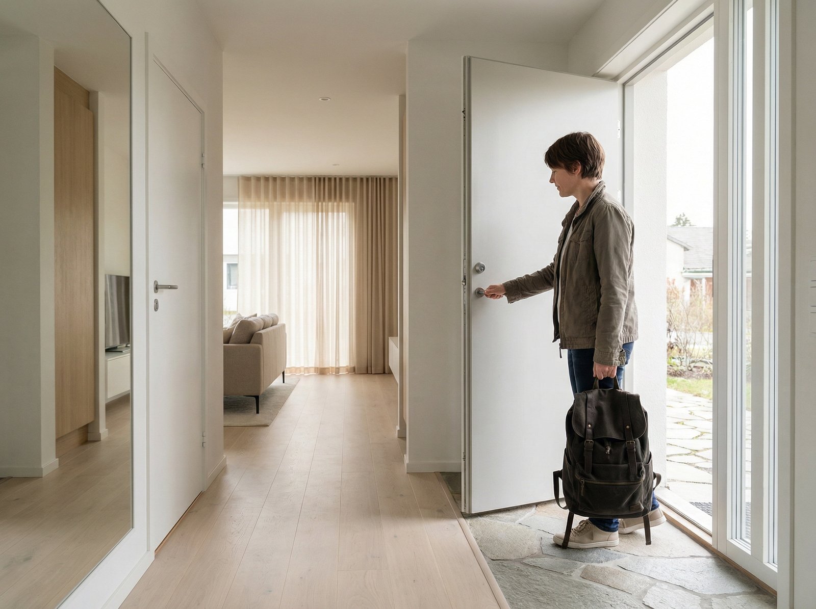 Person opening front door to a bright home after vacation, letting fresh air in