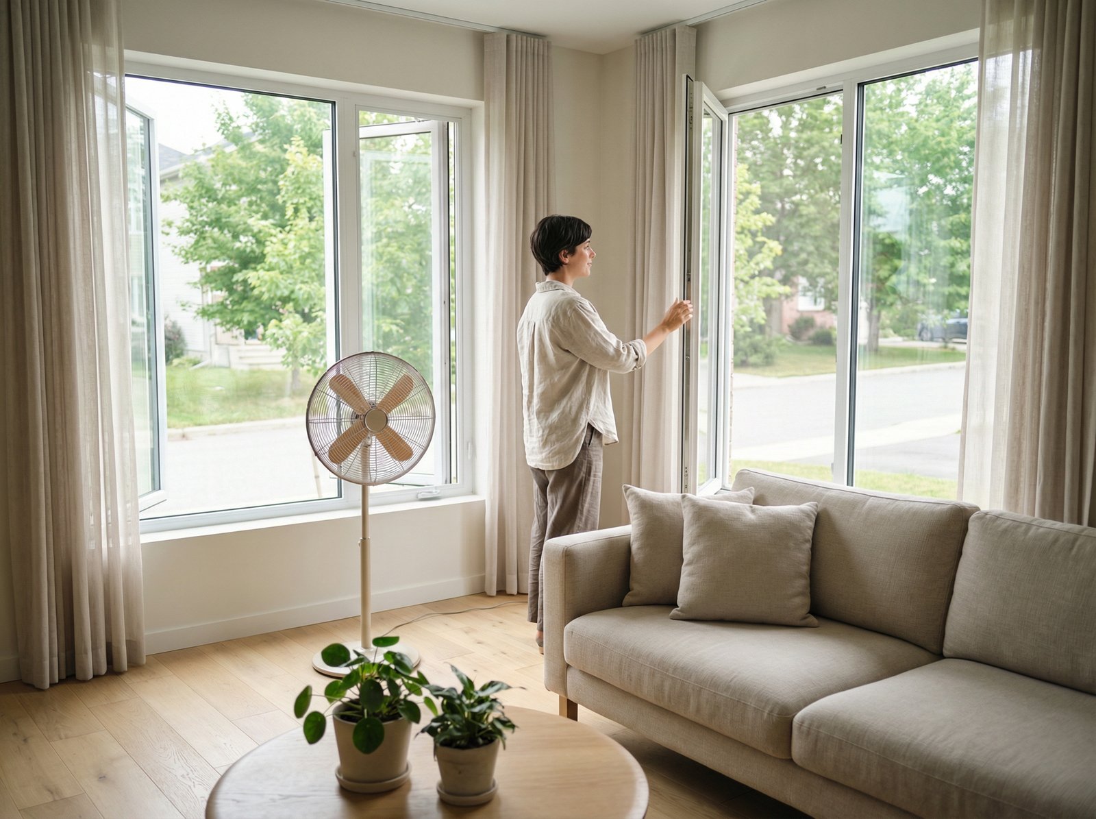 Sunlit living room with cross-ventilation setup to fix a stuffy room