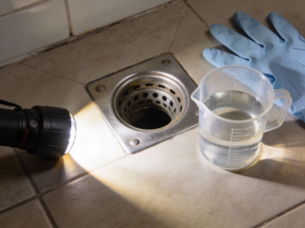 A flashlight shining into a floor drain while a cup of water is ready for the trap refill test.