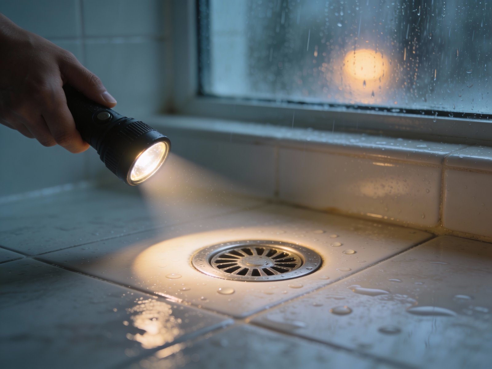 A homeowner checking a bathroom floor drain with a flashlight after rainy weather.