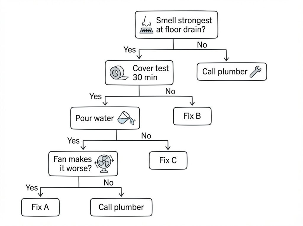 A simple decision tree showing cover test, water seal test, and fan trigger test outcomes