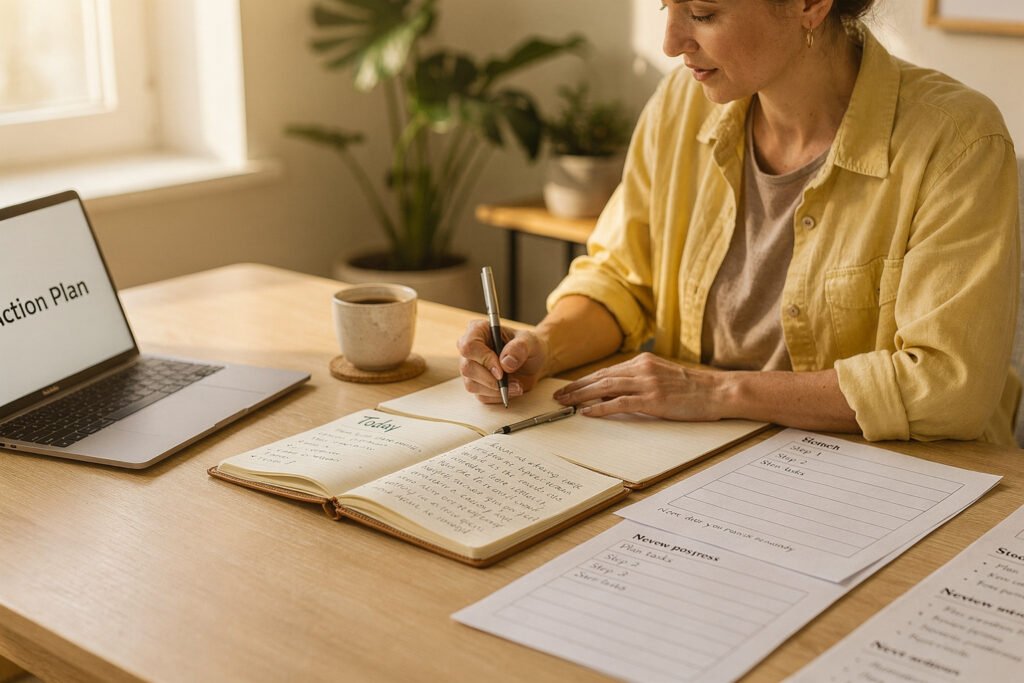 Person taking notes at a tidy desk with a laptop and checklist in soft daylight, suggesting step-by-step guidance