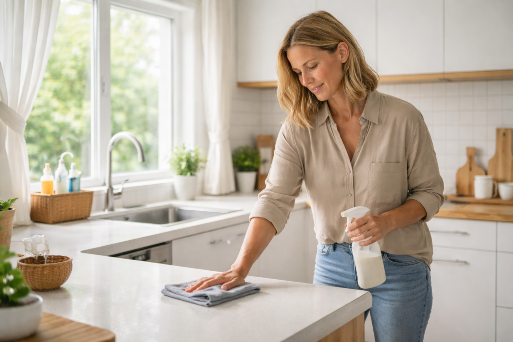 Bright kitchen scene with a person wiping the counter in natural light, showing simple daily cleaning habits