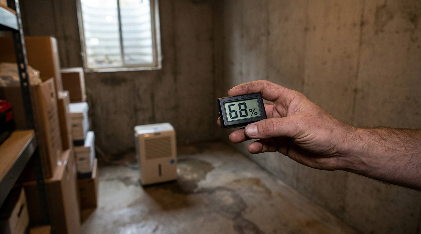 House smells musty: checking basement humidity with a hygrometer
