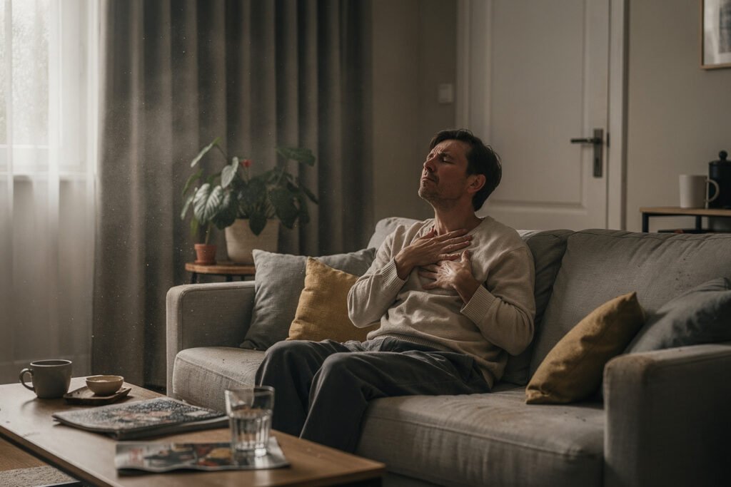 A home interior showing poor indoor air circulation, visible dust in the air, and humidity imbalance affecting breathing comfort and sleep quality.
