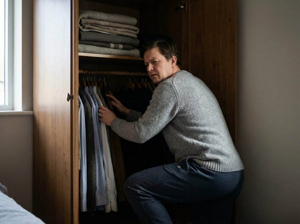 Person checking a closet with stored fabrics after returning home, looking for musty