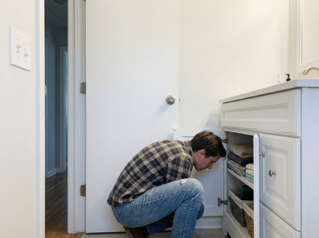 Home moisture checklist scene with under-sink cabinet open and bathroom exhaust switch nearby
