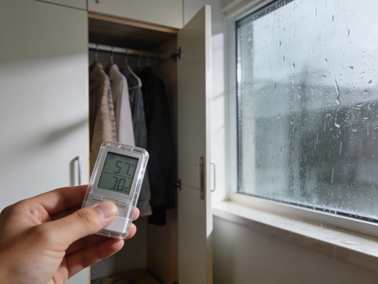 A homeowner opening a bedroom closet and checking a hygrometer after rainy weather