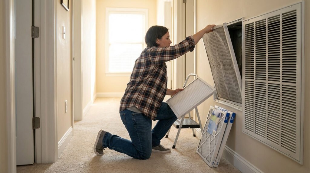 Replacing an HVAC air filter to reduce musty odors spreading through vents