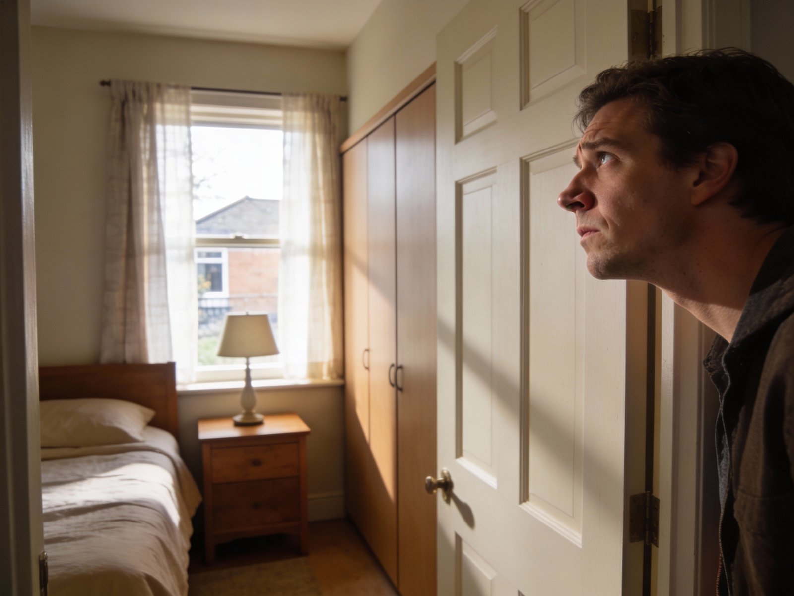 A person stands in a bedroom doorway noticing a musty smell and looking toward a closet and window