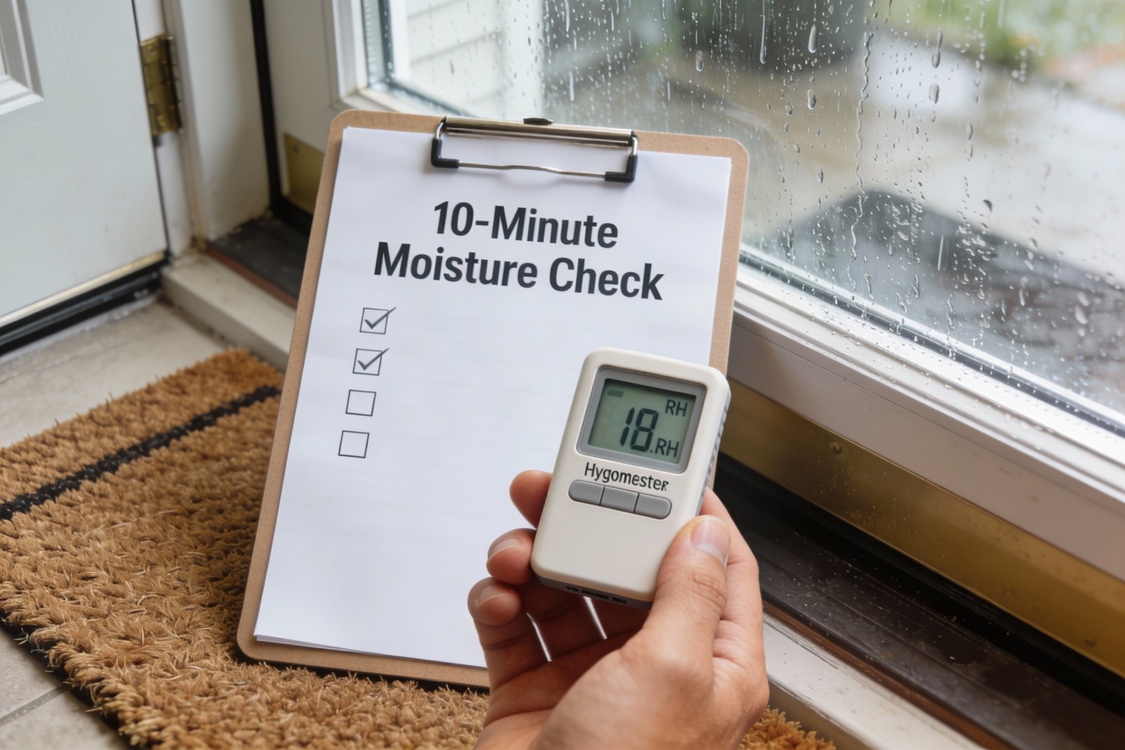 A homeowner checking a hygrometer near a damp-smelling hallway after rain