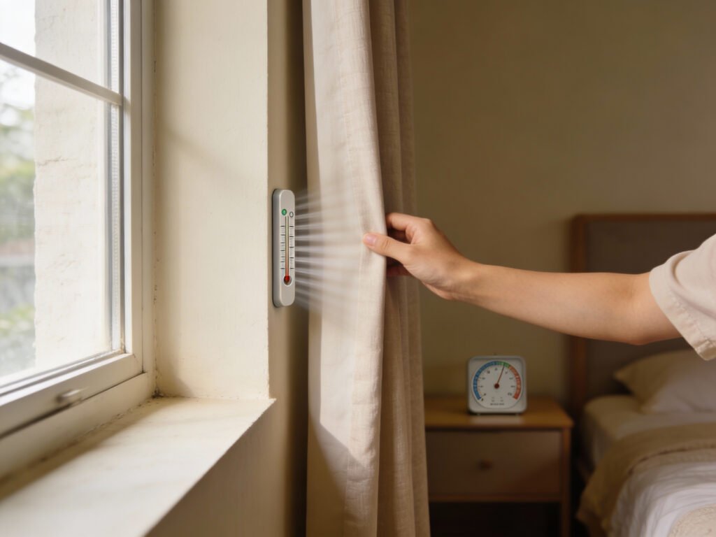 A small hygrometer sits on a nightstand while a person checks airflow near the exterior wall corner