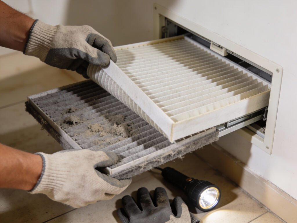 A clean HVAC filter being inserted into a return slot while the old dusty filter sits nearby