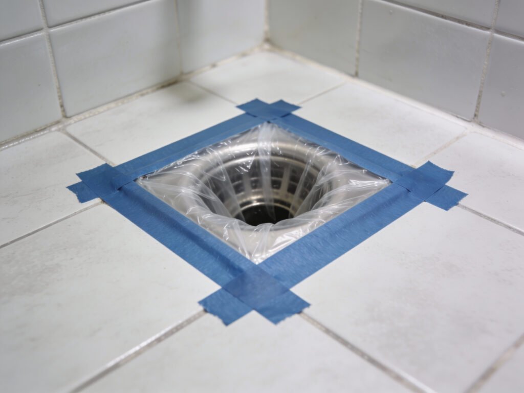 A floor drain covered with plastic wrap and taped edges to seal it temporarily.