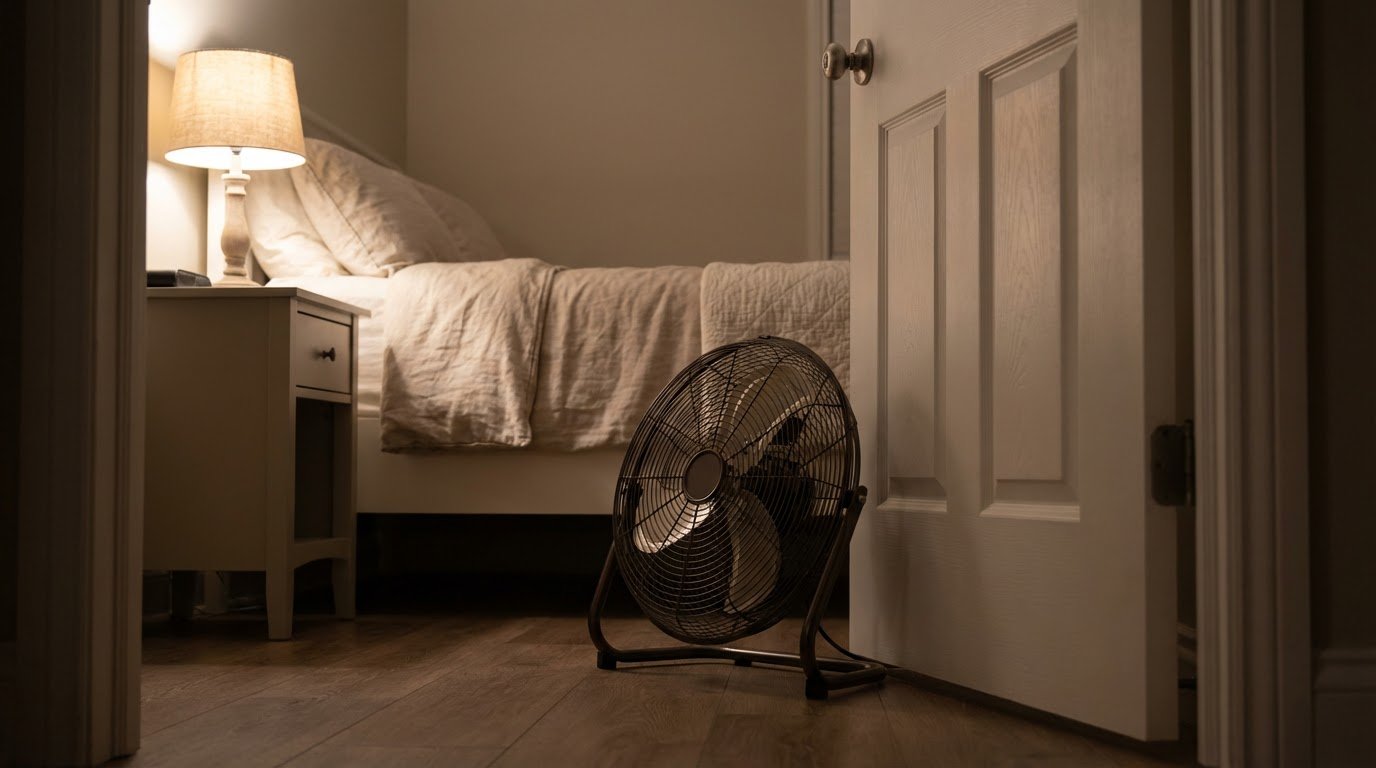 Fan placement near the bedroom door to reduce a stuffy bedroom at night