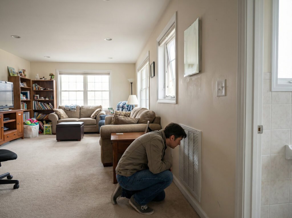 Home checklist scene: open vent, bathroom fan switch, and window latch