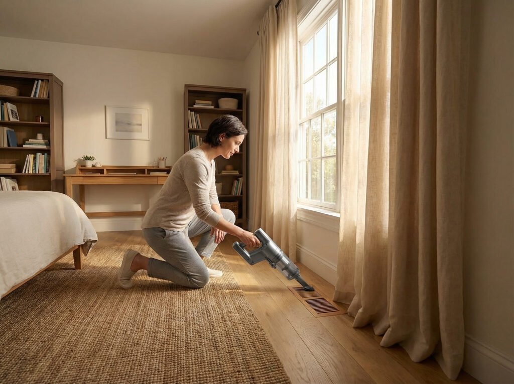 Person lightly vacuuming near a floor vent and curtain area in a tidy room