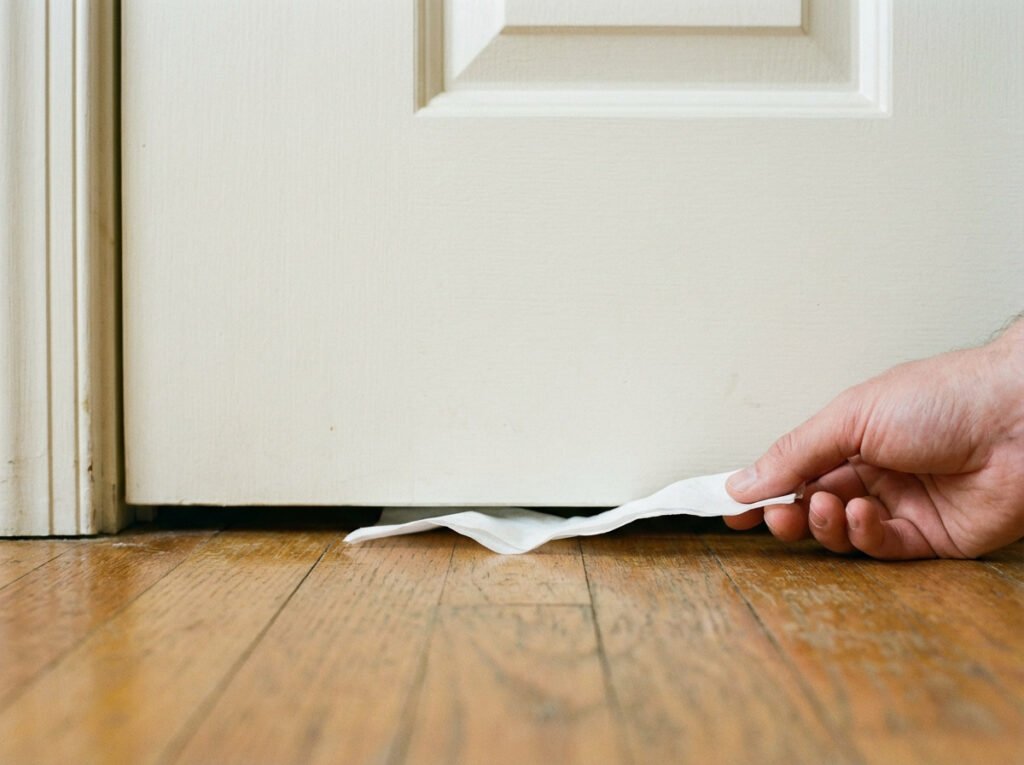 A tissue strip moves near the gap under a closed bedroom door while the HVAC is running