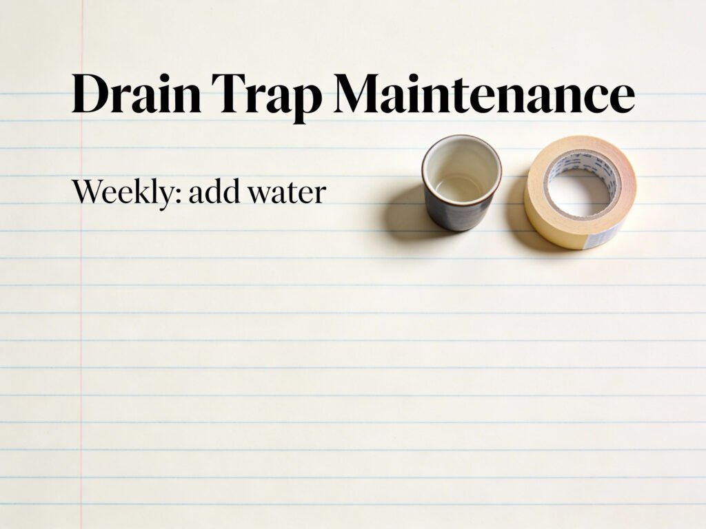 A simple weekly reminder checklist for refilling a rarely used floor drain trap.
