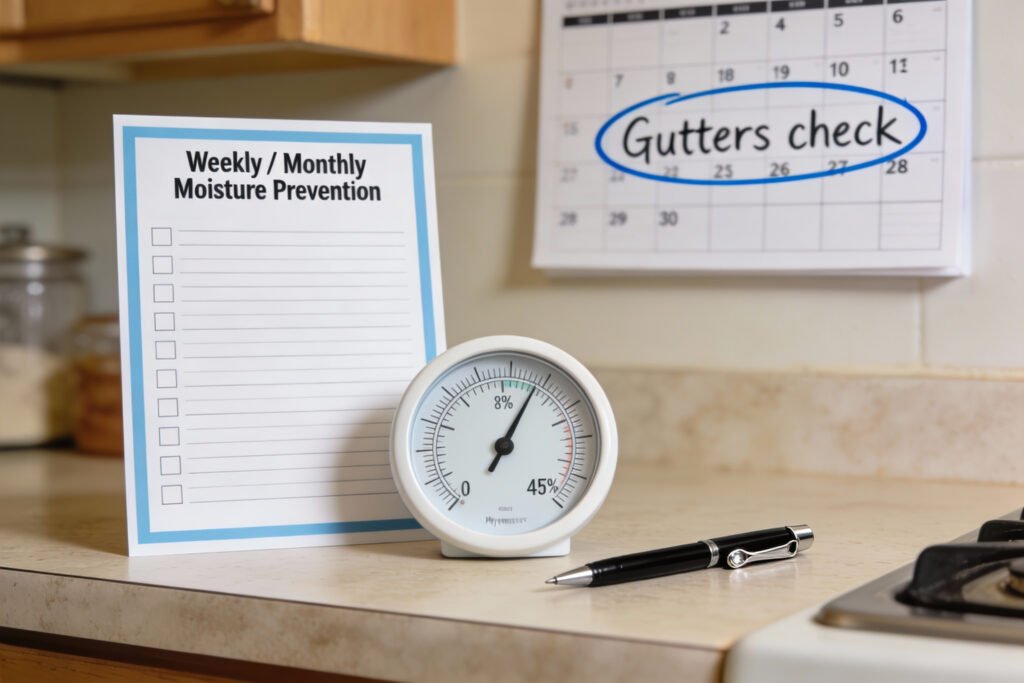 A printed weekly and monthly checklist next to a hygrometer on a kitchen counter