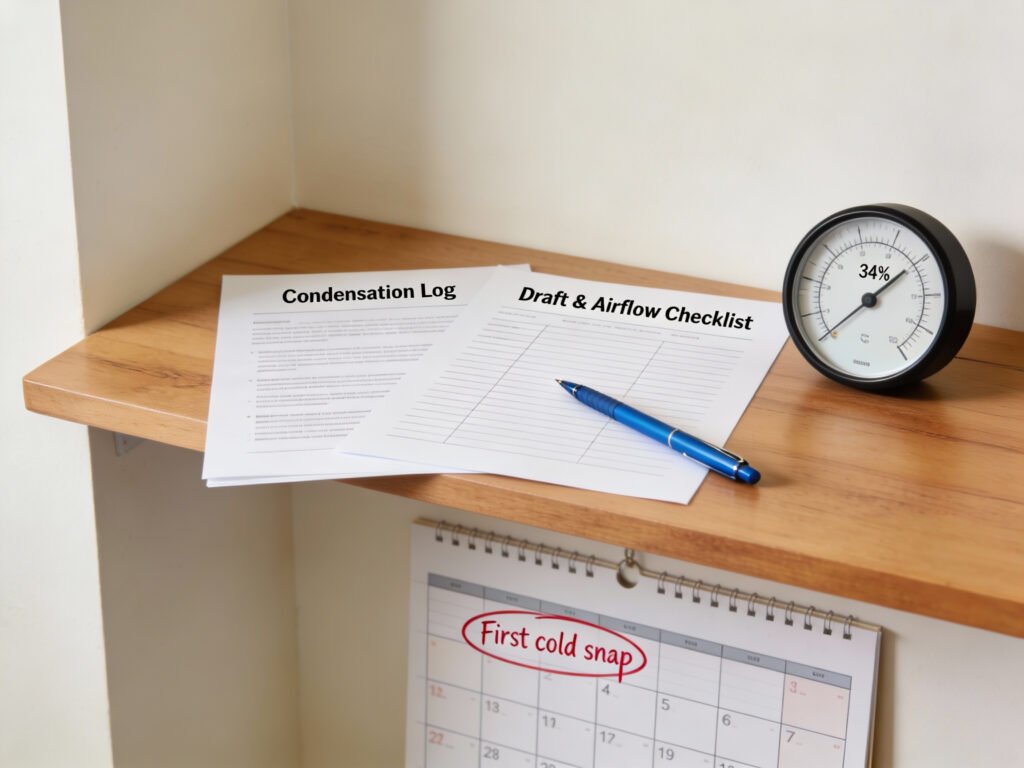 A printed condensation log and draft-check checklist next to a hygrometer and pen.