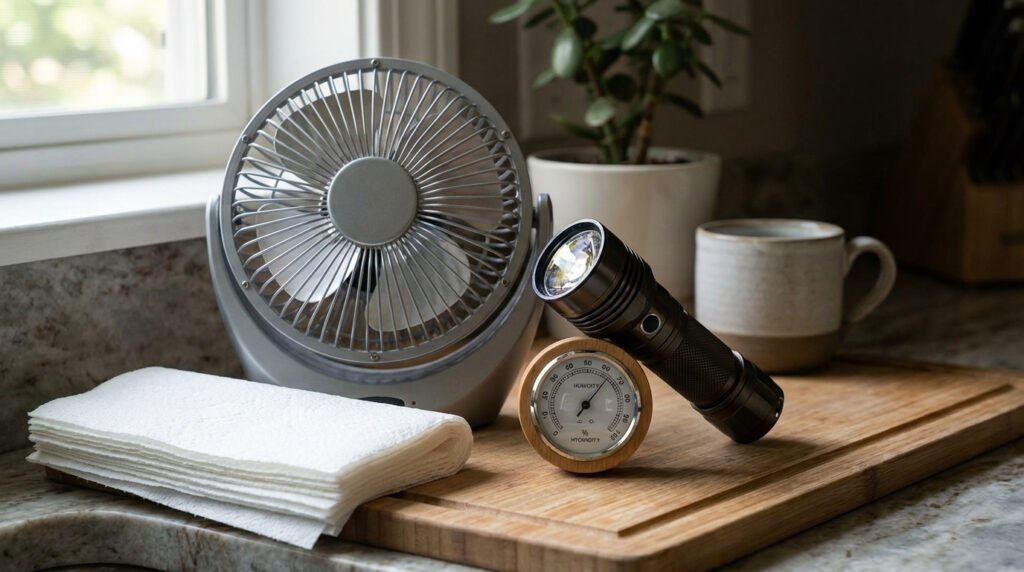 A small fan, paper towels, and a hygrometer arranged as a simple cabinet dry-out kit.
