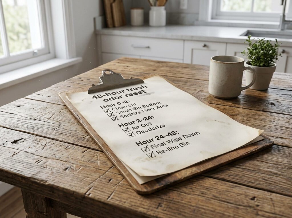 A checklist titled “48-hour trash odor reset” with steps for cleaning lid, bin bottom, and floor.