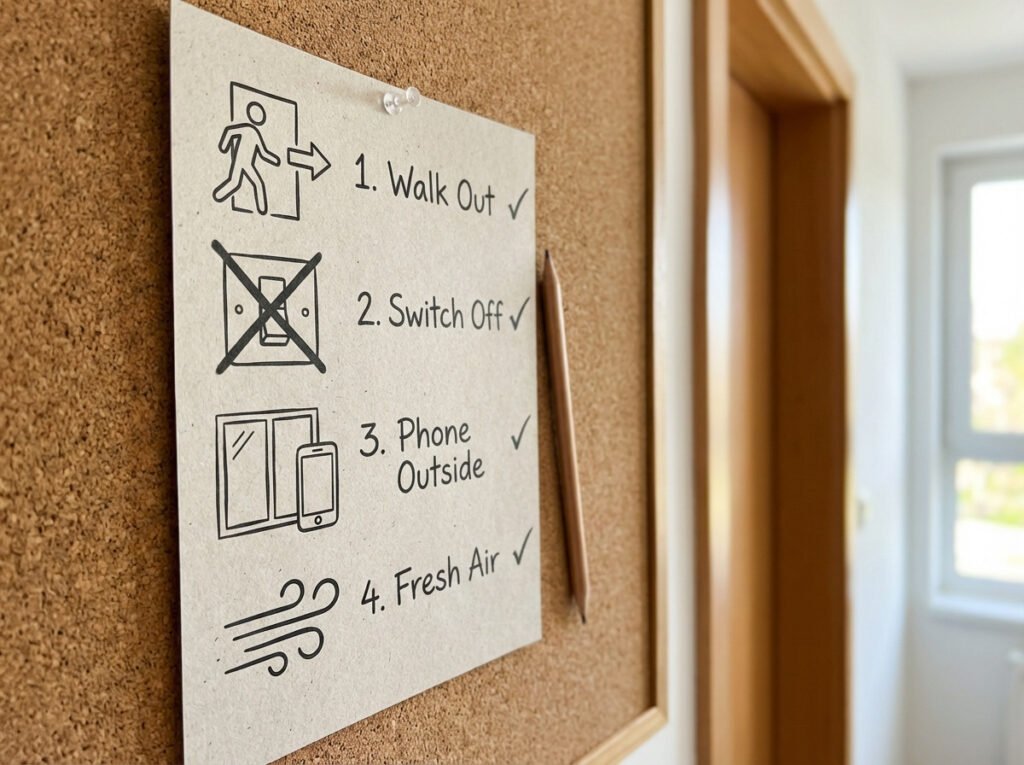 A simple checklist showing leave, avoid sparks, call from outside, and get fresh air if symptomatic