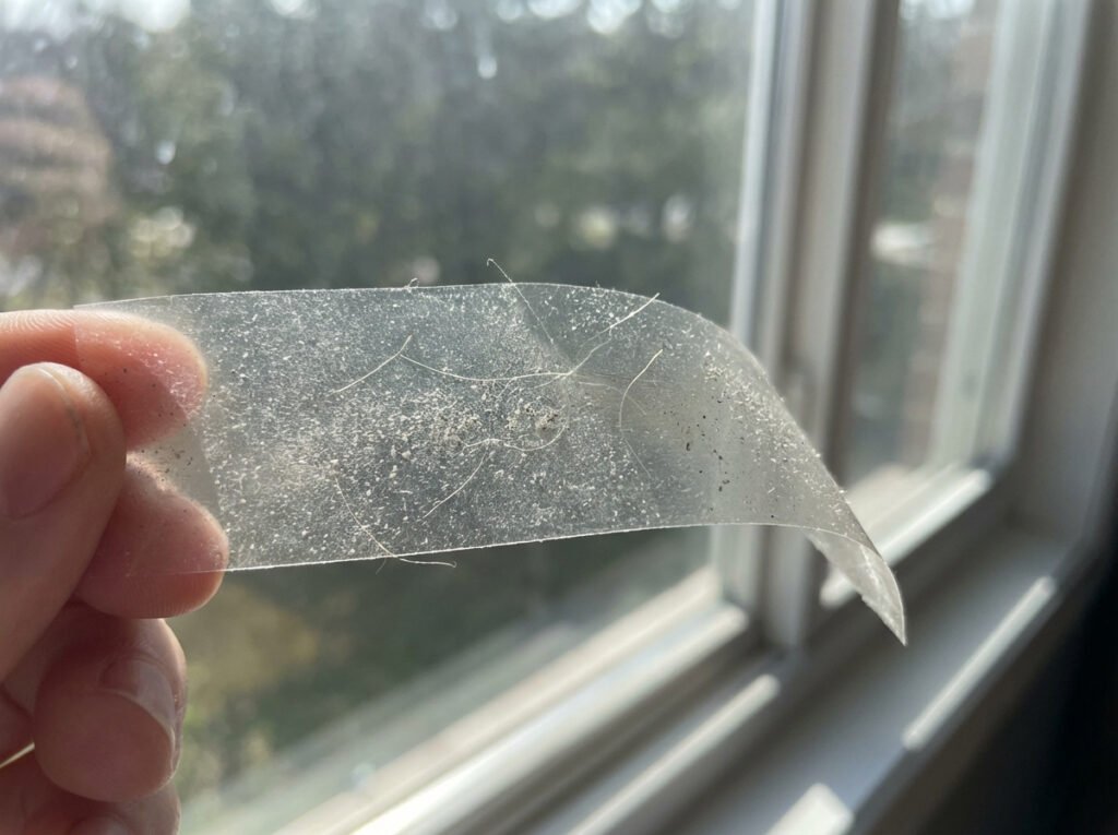 Clear tape lifted from a dusty shelf showing fine gray dust and a few visible fibers.