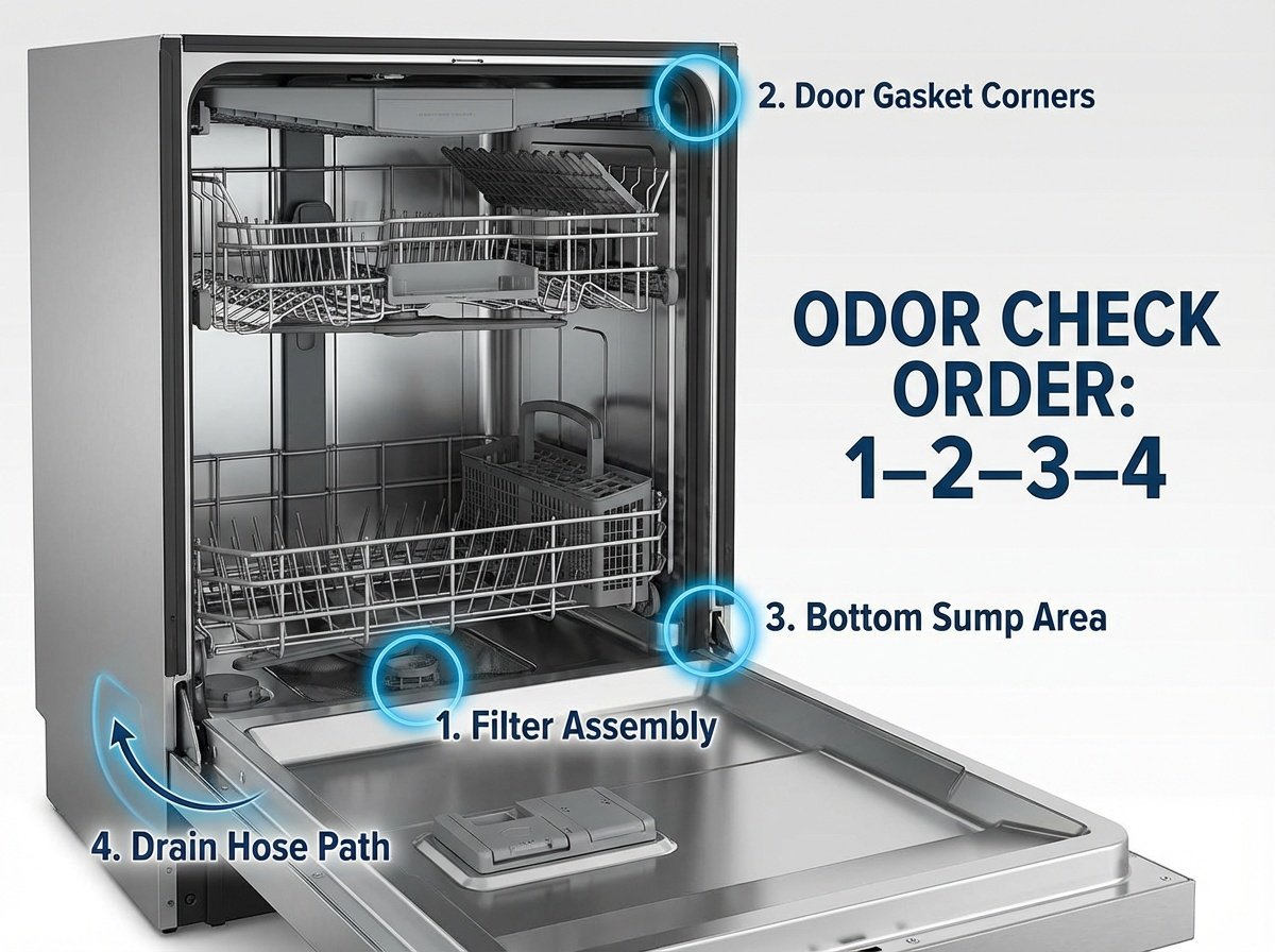 A simple diagram showing the main dishwasher odor zones: filter, gasket corners, sump, and drain path.