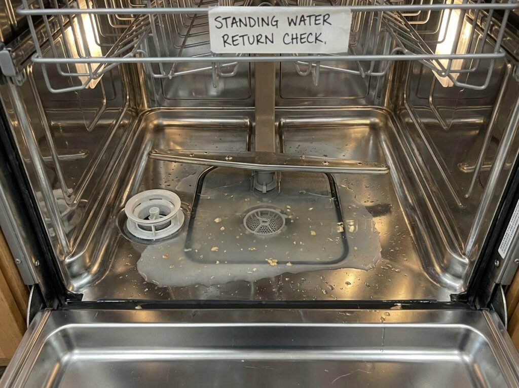 The bottom of an open dishwasher showing a small pool of cloudy standing water near the drain area.