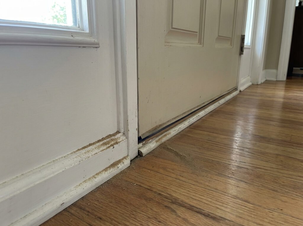 A visible dust line along the inside edge of a door and a small gap at the bottom sweep.