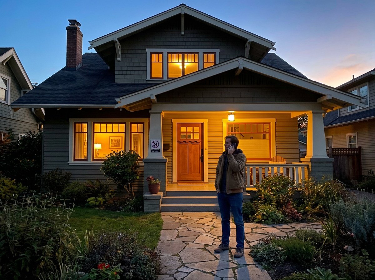 A person standing outside a home on a phone call while the front door is closed, suggesting evacuation after smelling gas