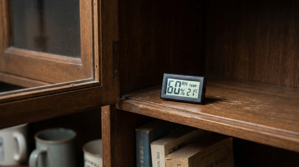 A small digital hygrometer sitting on a cabinet shelf showing relative humidity.