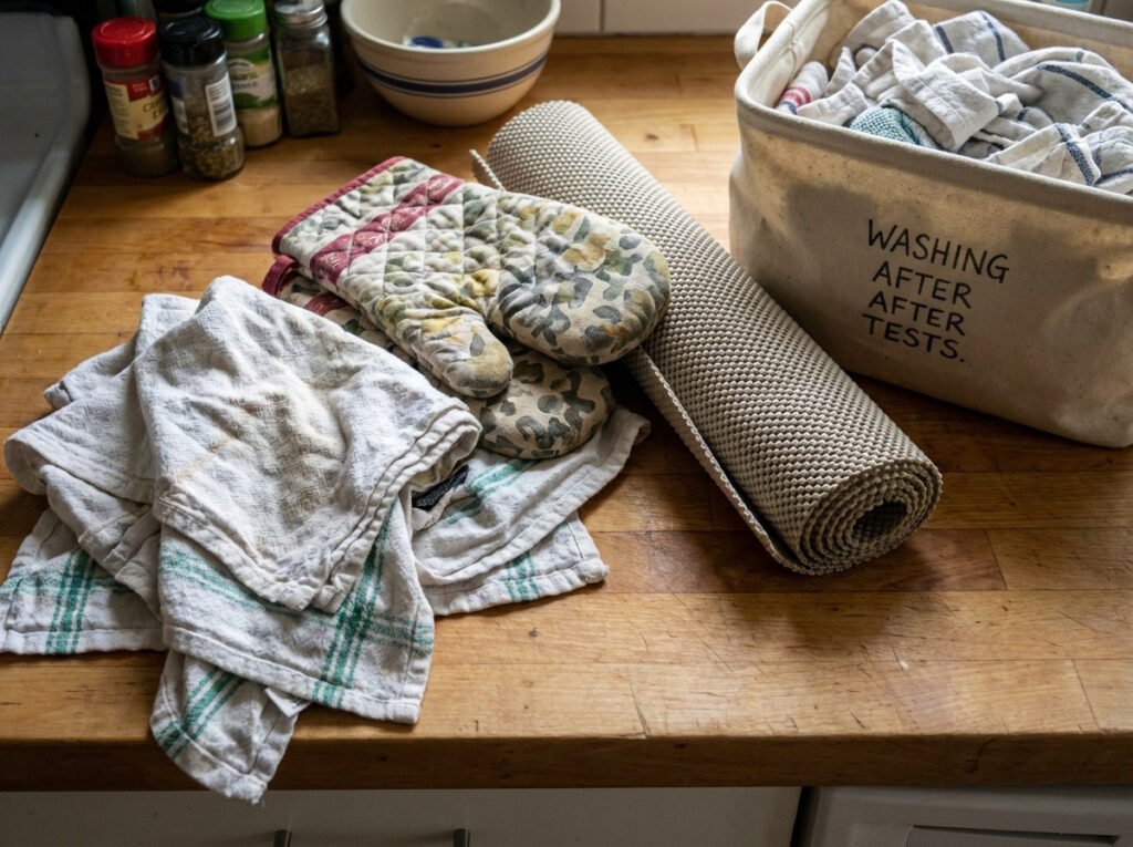 Dish towels and a kitchen floor mat set aside for washing after cooking odor tests.