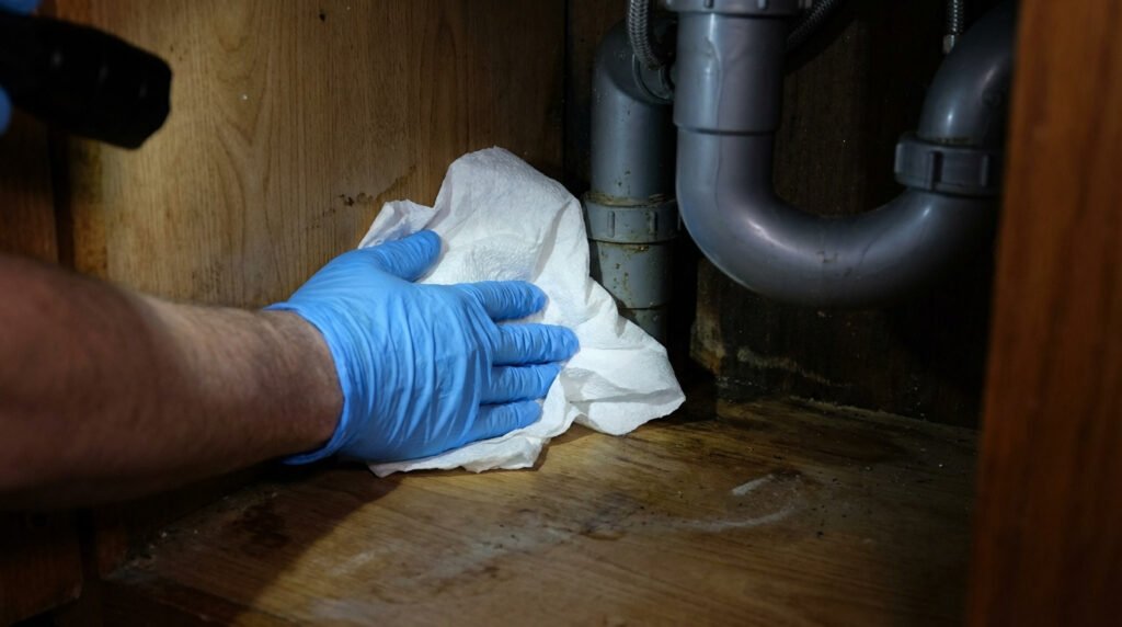 A hand pressing a paper towel into the back corner of an under-sink cabinet to check for dampness